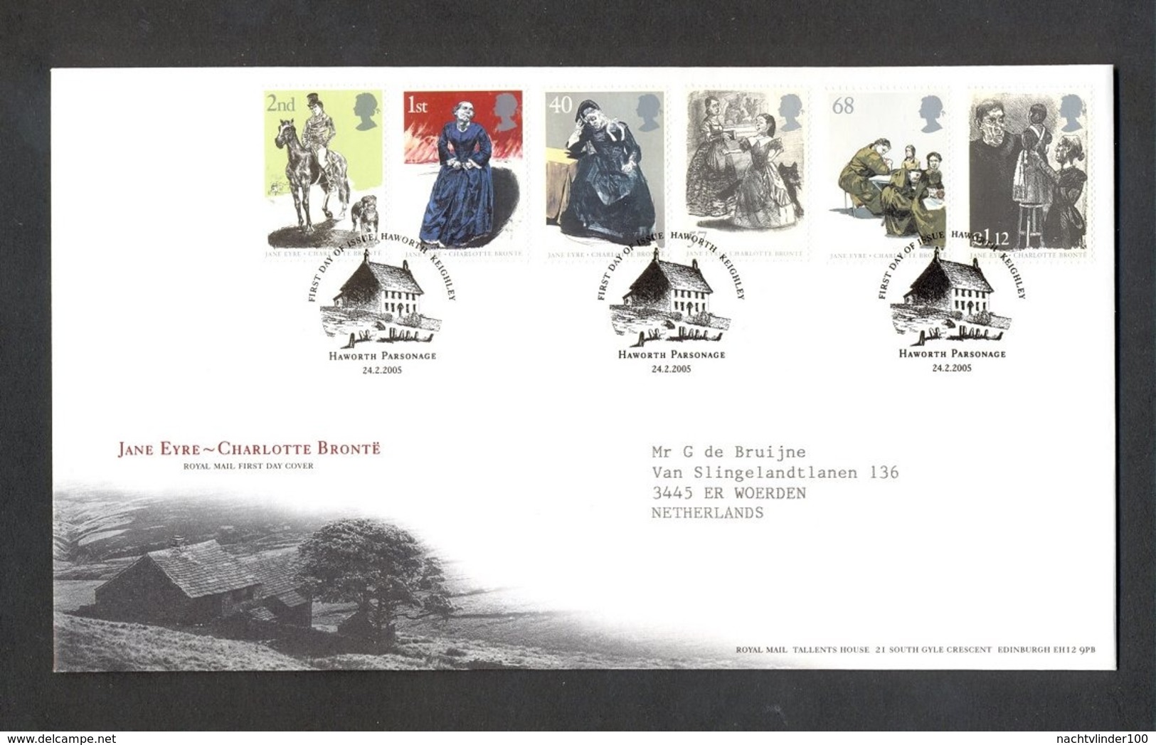 Nbd0163b BEROEMDE PERSONEN HOND PAARD DOG HORSE JANE EYRE CHARLOTTE BRONTË BOOK FAMOUS PEOPLE GREAT BRITAIN 2005 FDC - Verhalen, Fabels En Legenden