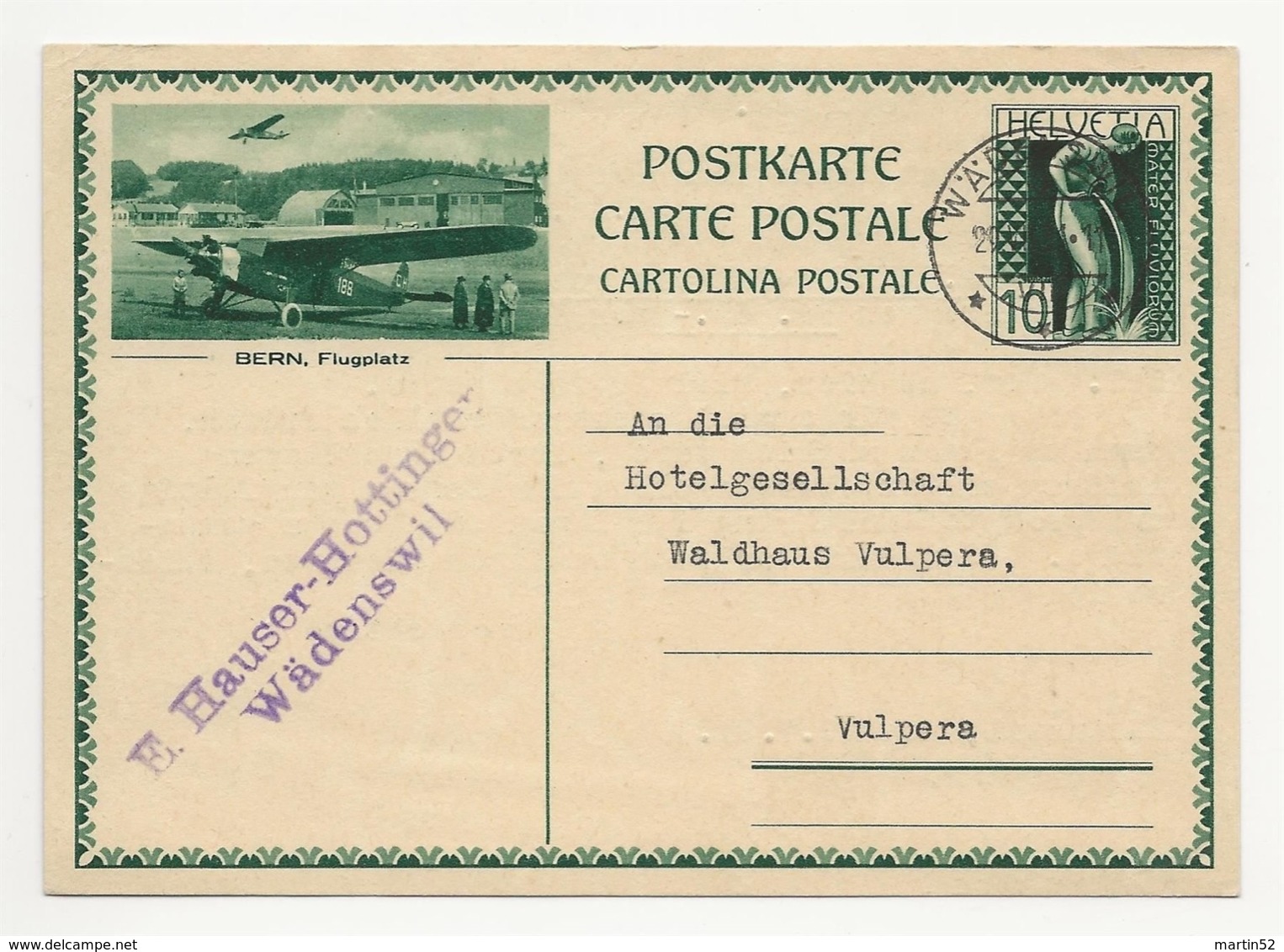 Schweiz Suisse 1931: Bild-PK / CPI "BERN, Flugplatz" Mit O WÄDENSWIL 29.VII.31 Nach Vulpera - Entiers Postaux