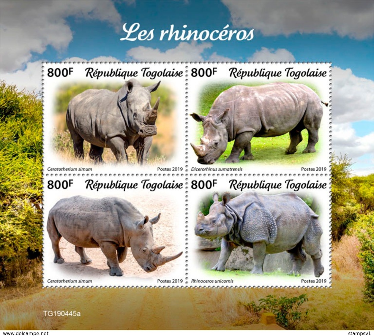 Togo. 2019 Rhinos. (0445a)  OFFICIAL ISSUE - Rhinoceros