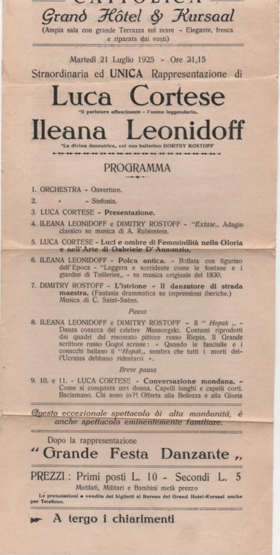 Cattolica (Rimini), Grand Hotel Kursaal: Volantino Con Reclame Di Una Rappresentazione Teatrale. Anno 1925 - Affiches