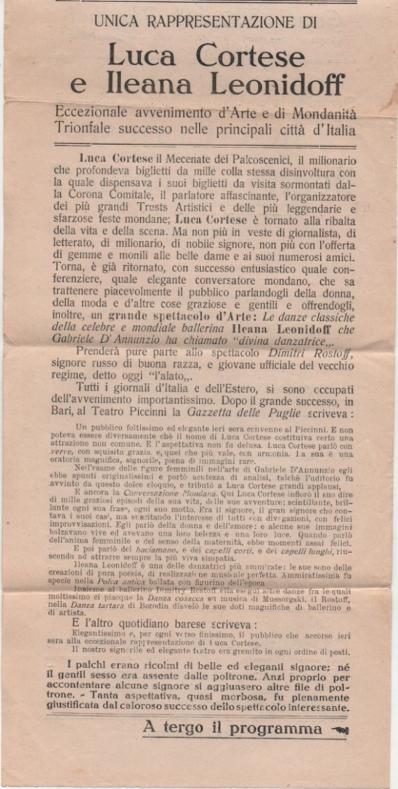 Cattolica (Rimini), Grand Hotel Kursaal: Volantino Con Reclame Di Una Rappresentazione Teatrale. Anno 1925 - Affiches