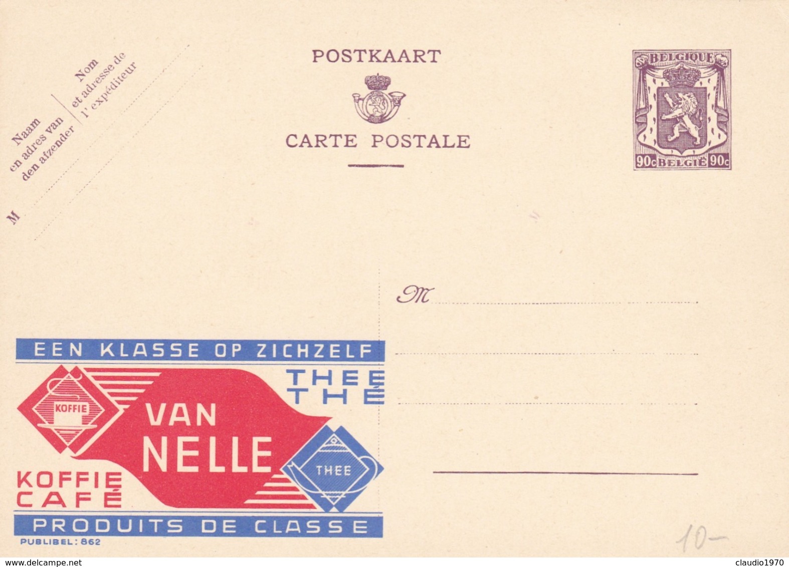 BELGIO - STORIA POSTALE NON VIAGGIATA - BELGIO - INTERO POSTALE 90 C. - VAN NELLE - KOFFIE CAFE' - Illustrated Postcards (1971-2014) [BK]