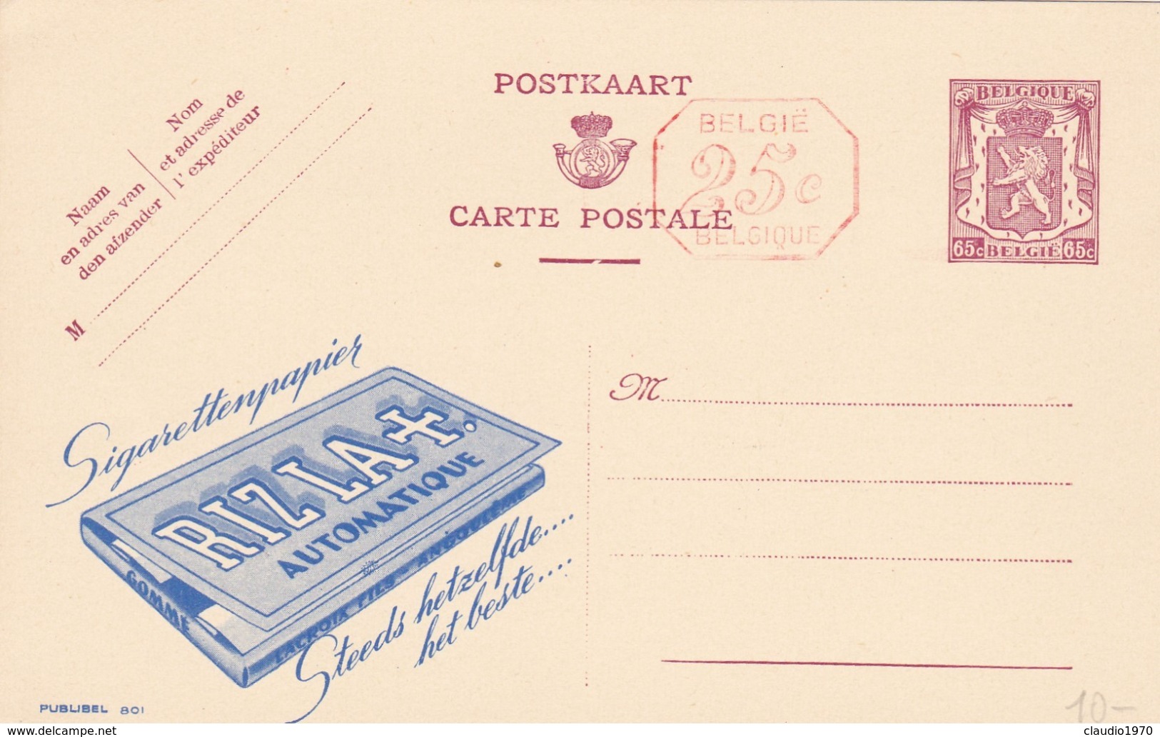 BELGIO - STORIA POSTALE NON VIAGGIATA - BELGIO - INTERO POSTALE 65 C. - RIZLA AUTOMATIQUE - Illustrated Postcards (1971-2014) [BK]