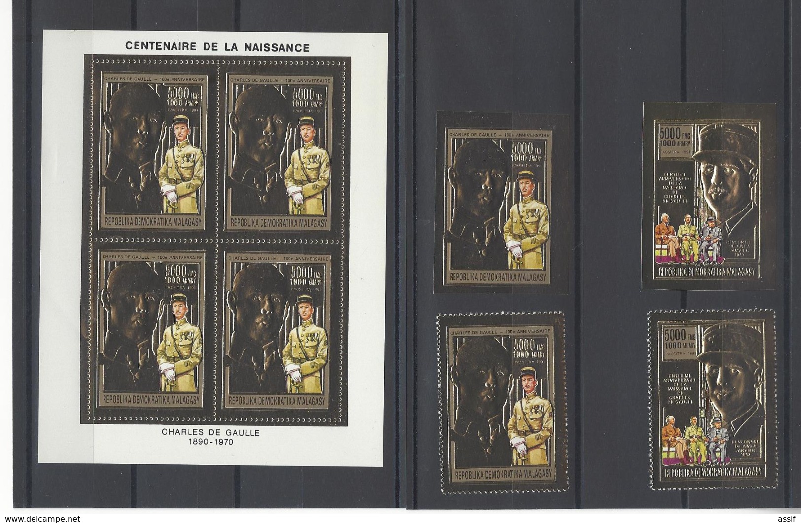 GENERAL DE GAULLE OR GOLD MADAGASCAR MALAGASY 1 BLOCS + 4 Timbres MNH ** /FREE SHIPPING REGISTERED - De Gaulle (Generale)