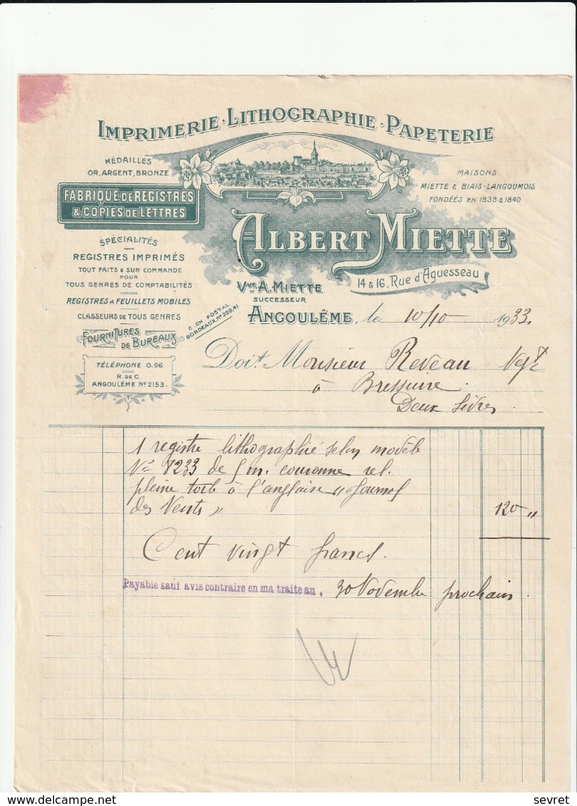 ANGOULEME - Albert Miette - Imprimerie-Lithographie-Papeterie. 14, 16 Rue D'Aguesseau.  Format A4 - Printing & Stationeries