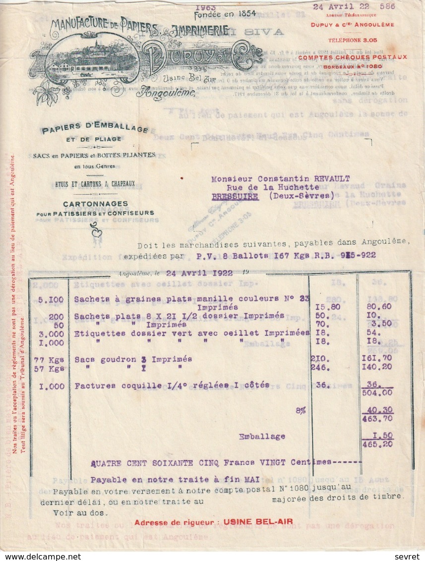 ANGOULEME -DUPUY Et Cie-  Manufacture De Papiers - Imprimerie-  Double Facture . Format A4 - Imprimerie & Papeterie