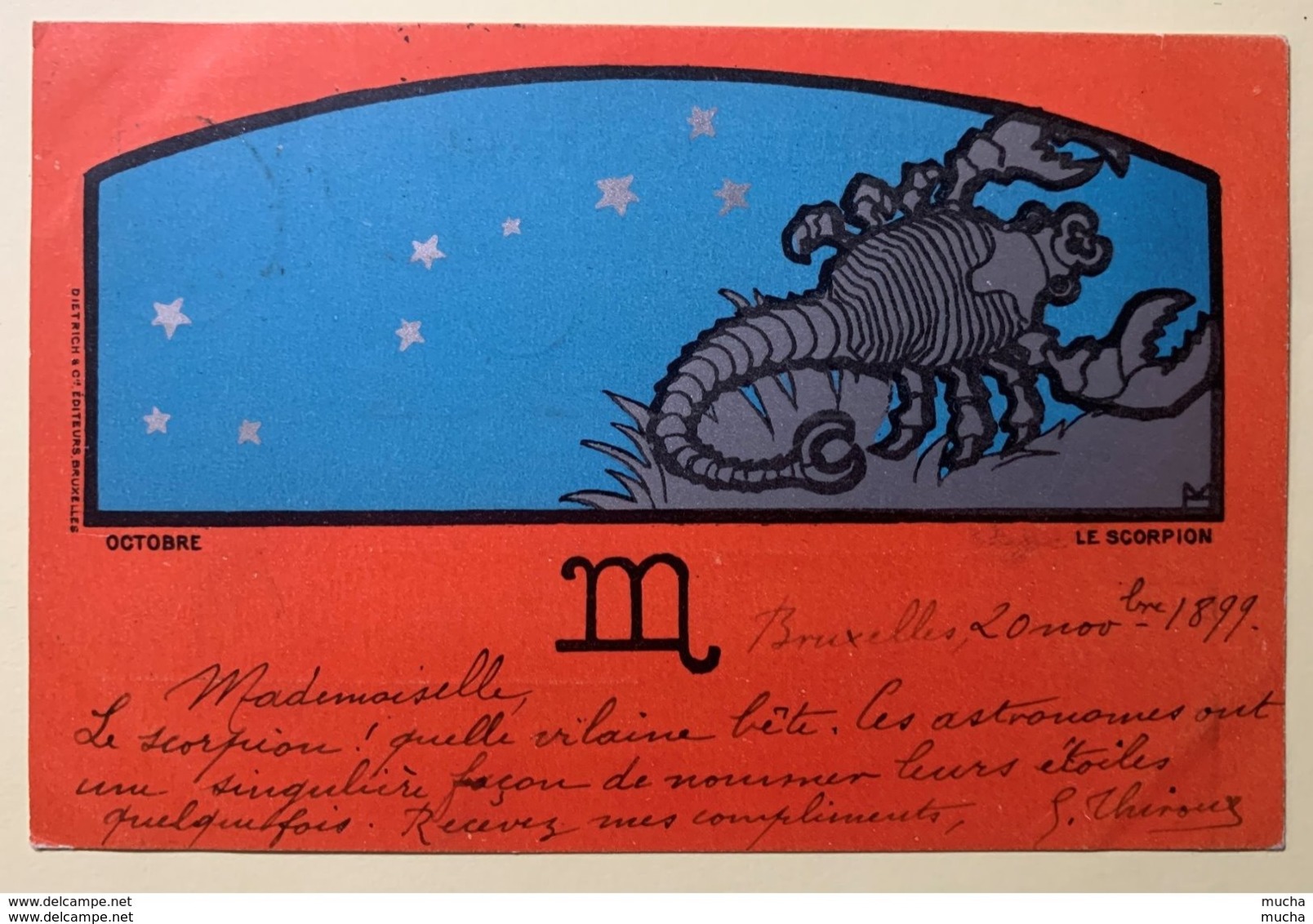 8891 - Henri Meunier "Zodiac" série complète de 12 cartes circulées Bruxelles 21.11.1899 excellent état