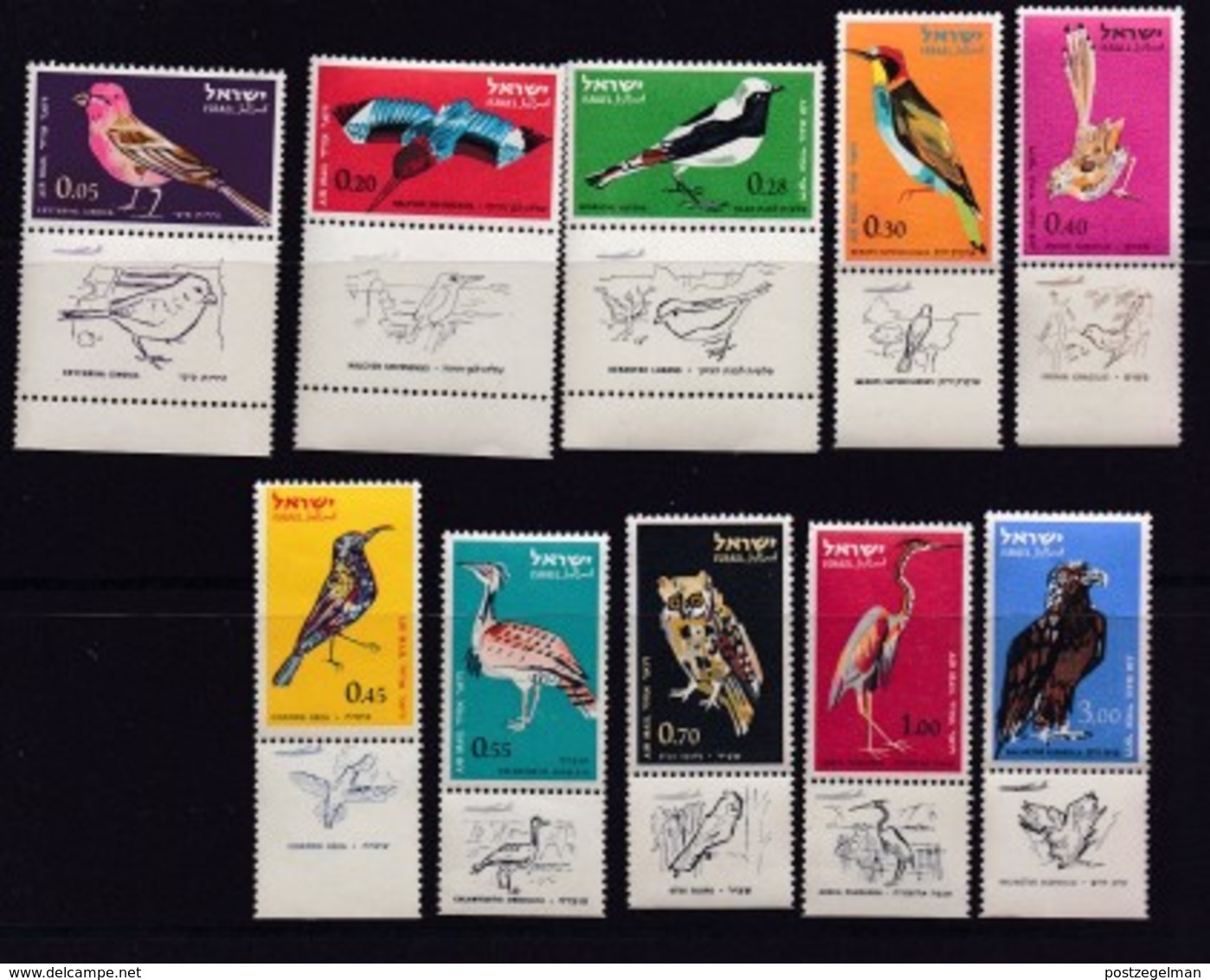 ISRAEL, 1963, Unused Stamp(s), With Tab,  Birds, SG244-253, Scannr. 17585 - Ongebruikt (met Tabs)