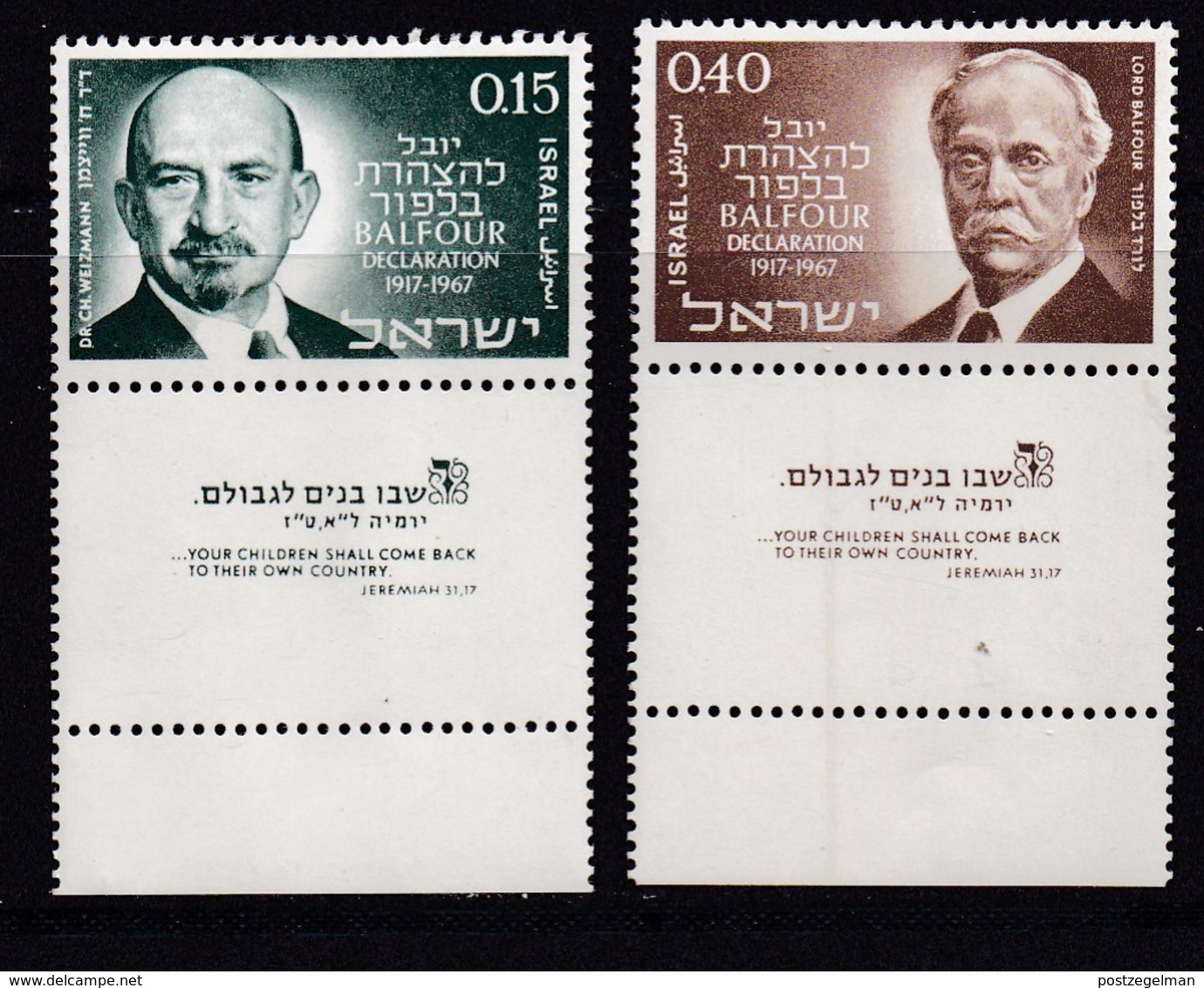 ISRAEL, 1967, Unused Stamp(s), With Tab, Balfour Declaration, SG372-373, Scannr. 17605 - Nuevos (con Tab)