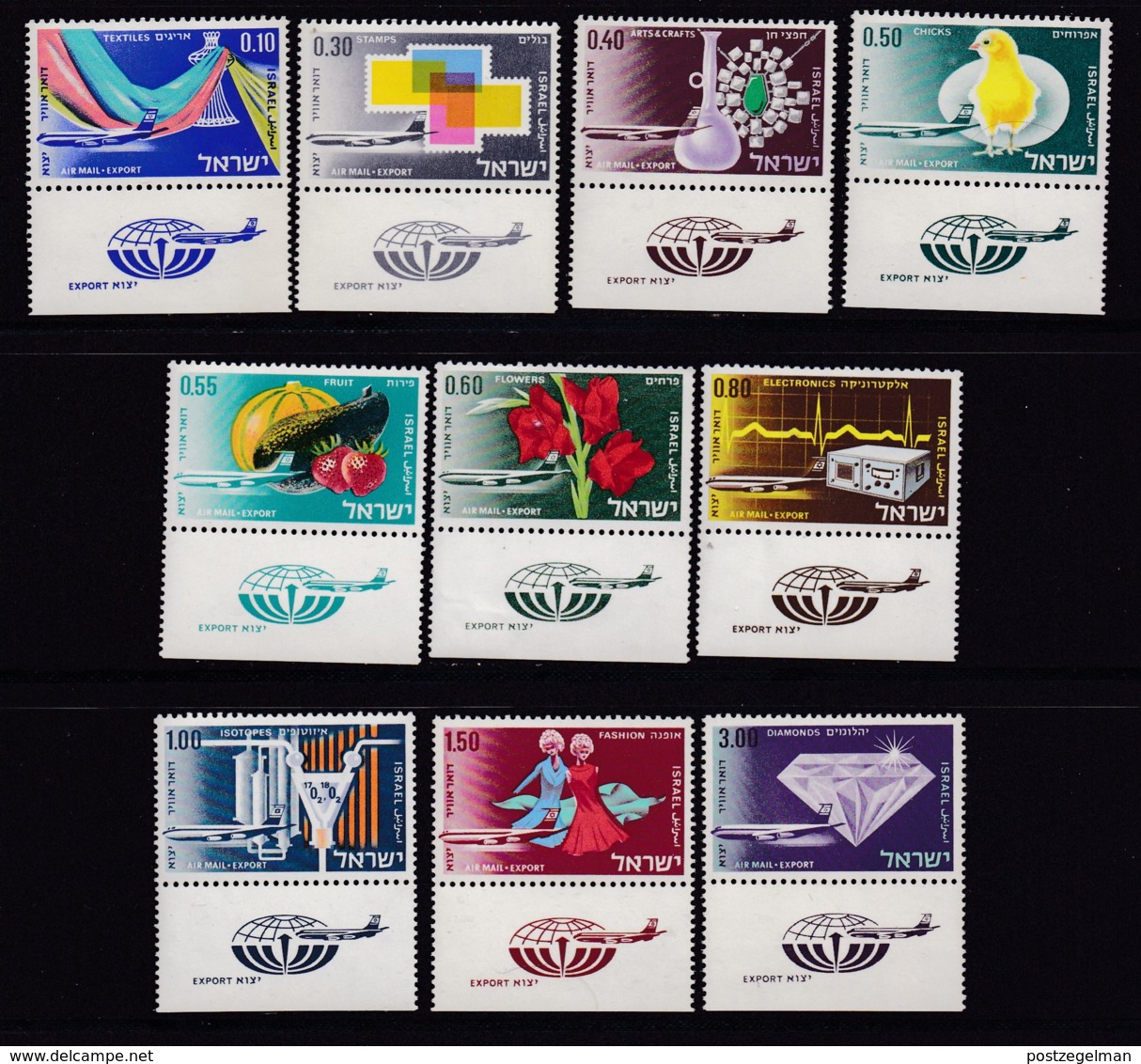 ISRAEL, 1968, Unused Stamp(s), With Tab, Airmail - Exports (10V), SG377-386, Scannr. 17607 - Ongebruikt (met Tabs)