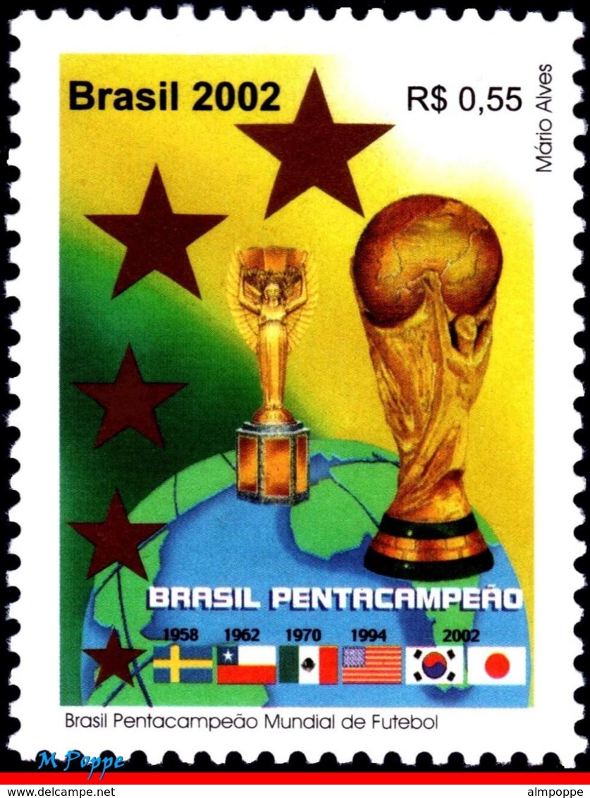 Ref. BR-2848 BRAZIL 2002 FOOTBALL SOCCER, WORLD CUP CHAMPIONSHIP,, SPORT, FLAGS, MI# 3257, MNH 1V Sc# 2848 - Ungebraucht