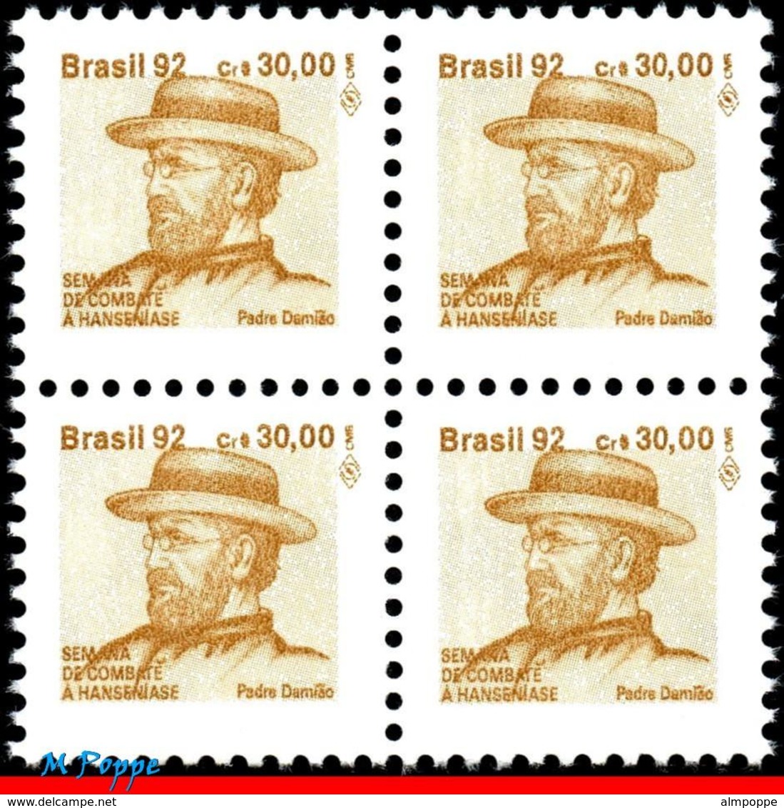 Ref. BR-RA28-Q BRAZIL 1992 HEALTH, HANSEN DISEASE, LEPROSY,, HANSENIASIS,FR.JOSEPH DAMIEN,MI# Z29,MNH 4V Sc# RA28 - Blocks & Kleinbögen