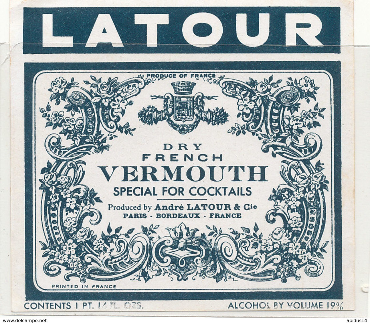 AN 675 / ETIQUETTE     VERMOUTH  LATOUR   PARIS BORDEAUX - Other & Unclassified