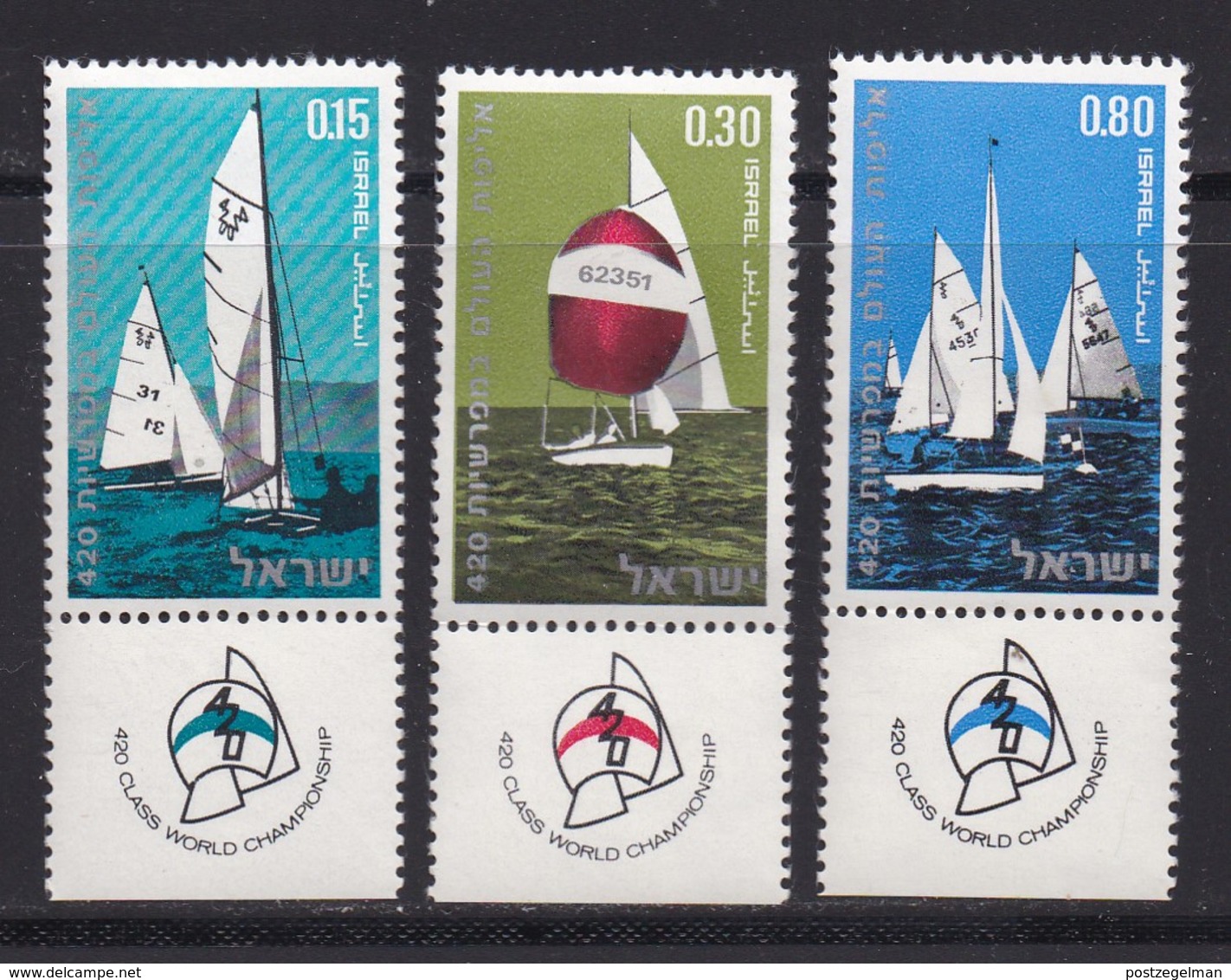 ISRAEL, 1970, Unused Stamp(s), With Tab, World Yachting, SG451-453, Scannr. 17636 - Ongebruikt (met Tabs)