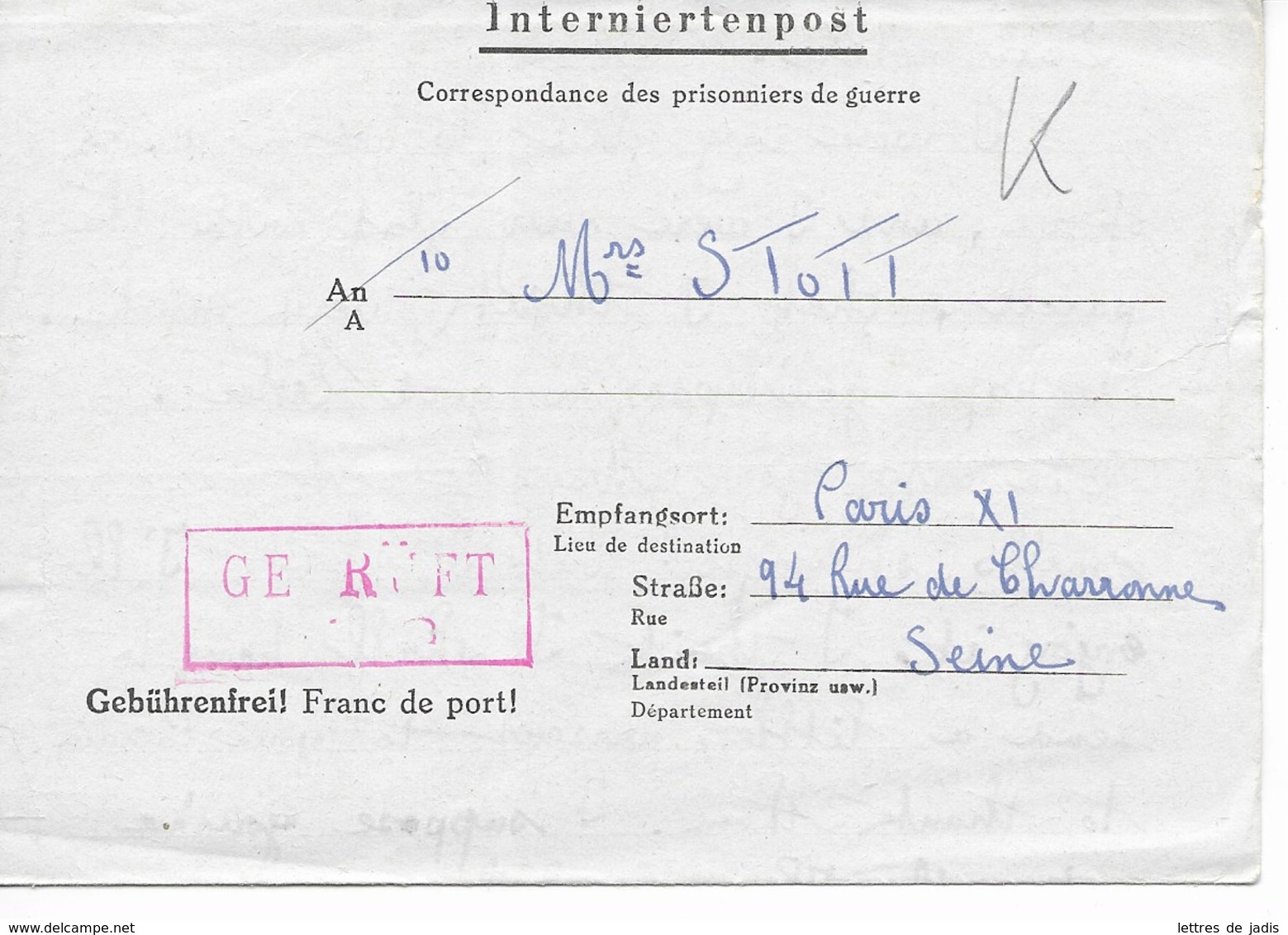 Formulaire Imprimé De La Grande Caserne De St Denis Pour Paris 1er Avril 1942  TTB - WW II