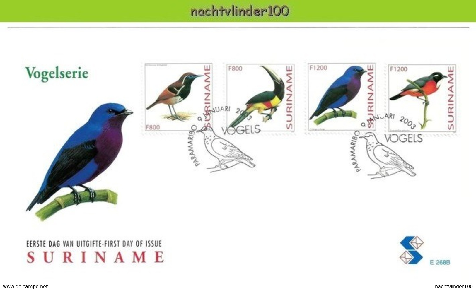 Nfm268ABCfb FAUNA VOGELS VALK DUIF KOLIBRIE HUMMINGBIRD TOUCAN PIGEON FALCON BIRDS AVES OISEAUX SURINAME 2003 FDC'S - Andere & Zonder Classificatie