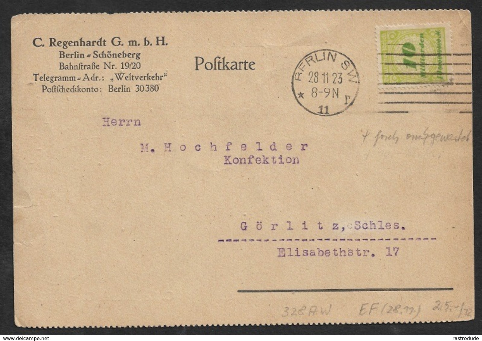 9. 1923 - DEUTSCHES REICH - INFLA POSTKARTE - EF - 10Mrd Mi. 328 N. GÖRLITZ - Covers & Documents