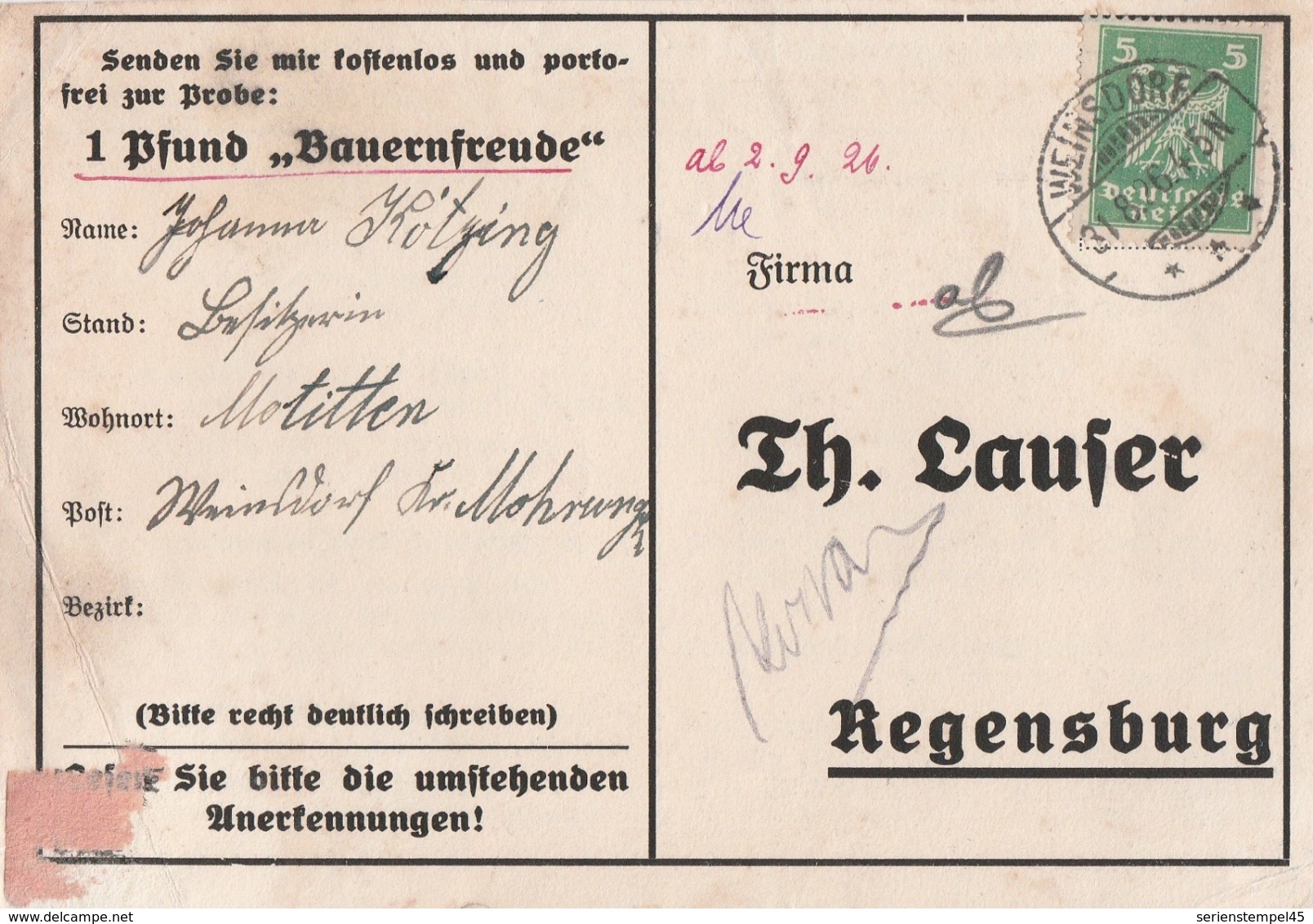 Ostpreussen Deutsches Reich Karte Mit Tagesstempel Weinsdorf *** 1926 Landkreis Mohrungen RB Königsberg - Briefe U. Dokumente