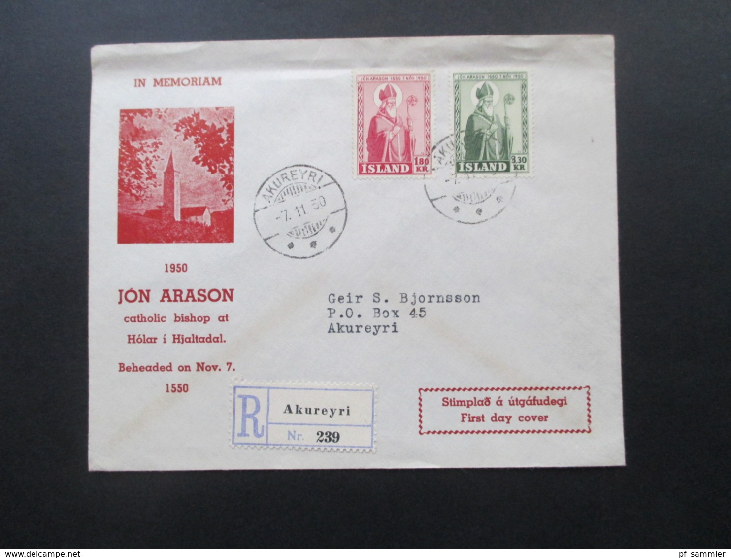 Island 1950 400. Todestag Von Bischof Arason Nr. 271 / 272 FDC Einschreiben Akureyri / Ortsbrief - Cartas & Documentos