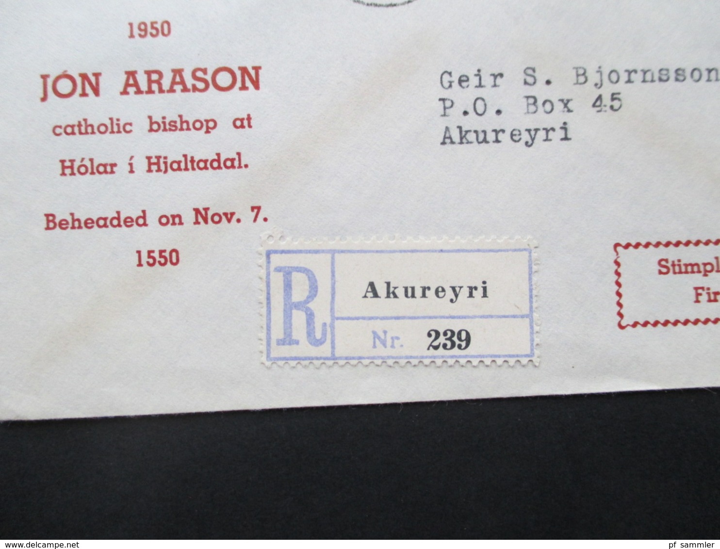 Island 1950 400. Todestag Von Bischof Arason Nr. 271 / 272 FDC Einschreiben Akureyri / Ortsbrief - Briefe U. Dokumente