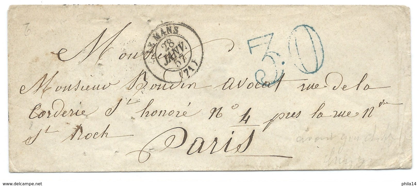 MARQUE POSTALE  / LE MANS POUR PARIS  / 1857 / TAXE 30 BLEUE - 1849-1876: Classic Period