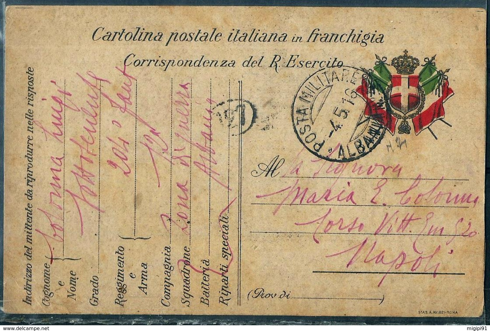 FRANCHIGIA POSTA MILITARE ALBANIA N? 204°REGGIMENTOT FANTERIA BRIGATA TANARO X NAPOLI - War 1914-18