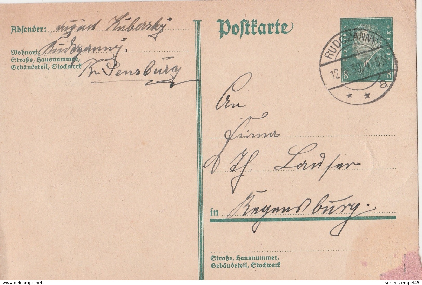 Ostpreussen Deutsches Reich Karte Mit Tagesstempel Rudczanny **a 1930 Lk Sensburg RB Allenstein - Briefe U. Dokumente