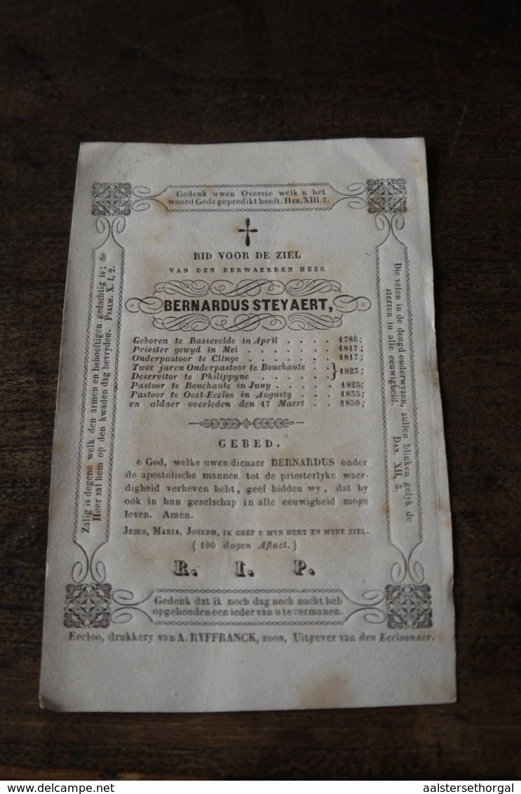 1850 Doodsprentje Oosteeklo Bernardus Steyaert Pastoor Zeldzaam - Religion &  Esoterik