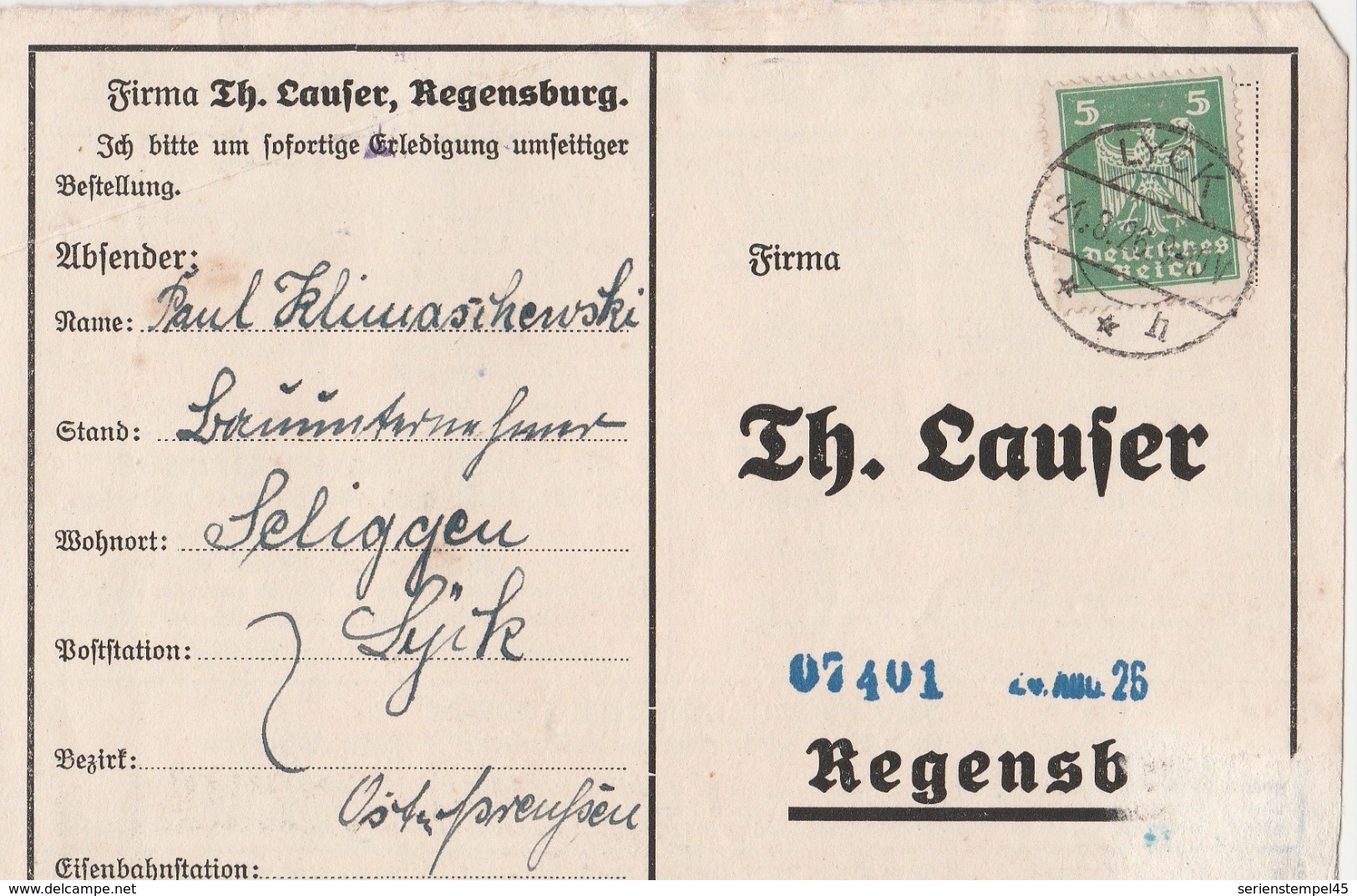 Ostpreussen Deutsches Reich Karte Mit Tagesstempel Lyck **h 1926 RB Allenstein - Briefe U. Dokumente