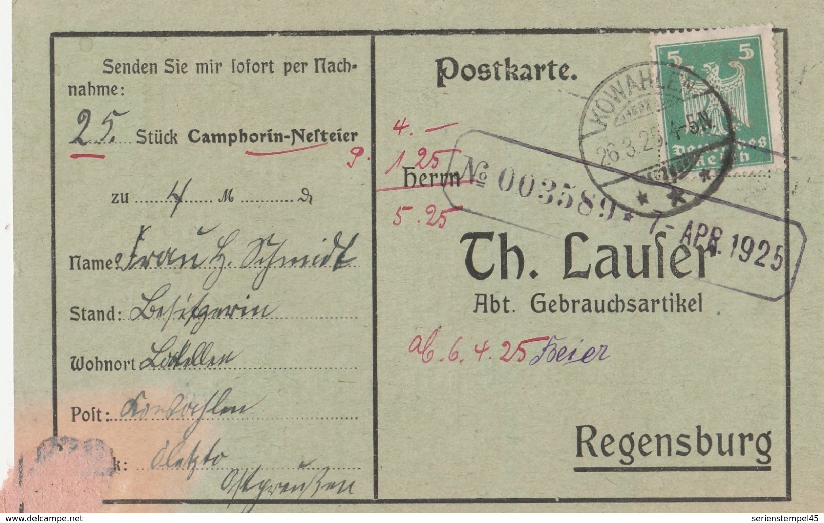 Ostpreussen Deutsches Reich Karte Mit Tagesstempel Kowahlen *** 1925 LK Oletzko RB Gumbinnen Werbung Camphorin EI - Briefe U. Dokumente