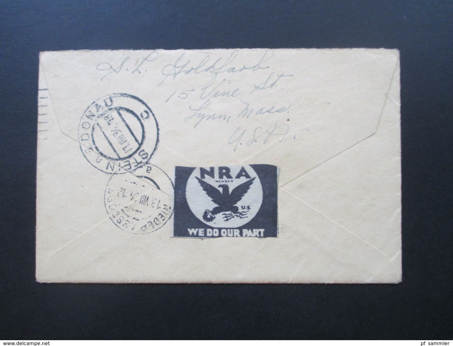 USA 1934 Beleg Aus Lynn Mass Nach Österreich Dort Weitergeleitet! Rückseitig Vignette NRA We Do Our Part Via SS Bremen - Cartas & Documentos