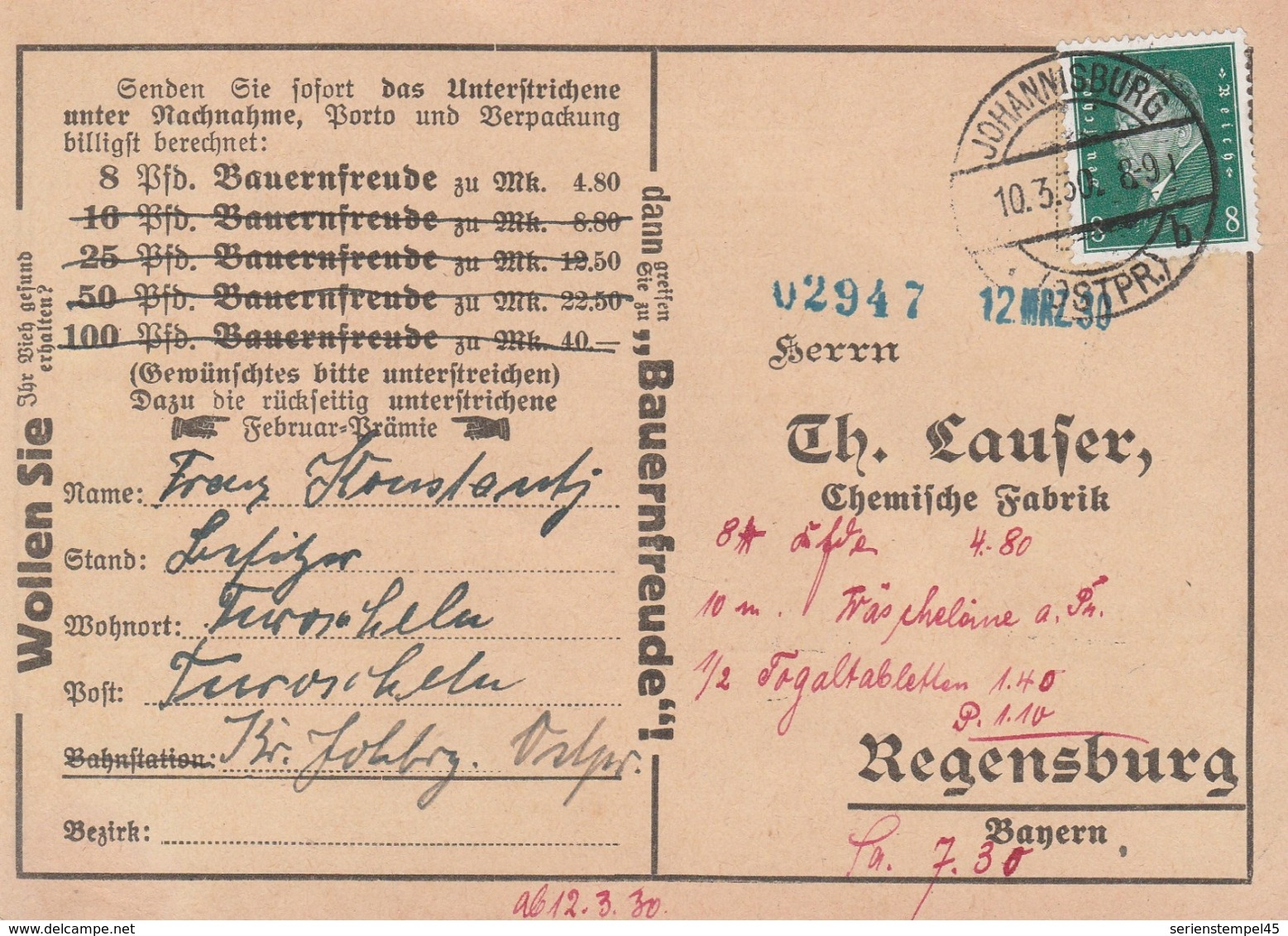 Ostpreussen Deutsches Reich Karte Mit Tagesstempel Johannisburg * Ostpr. B 1930 RB Allenstein Werbung Kartenspielen - Briefe U. Dokumente