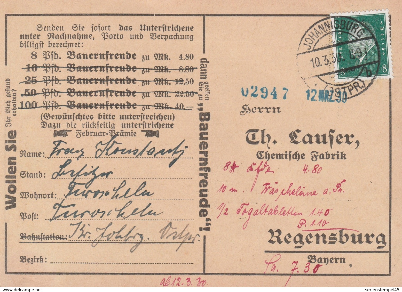 Ostpreussen Deutsches Reich Karte Mit Tagesstempel Johannisburg * Ostpr. B 1930 RB Allenstein Werbung Kartenspielen - Storia Postale