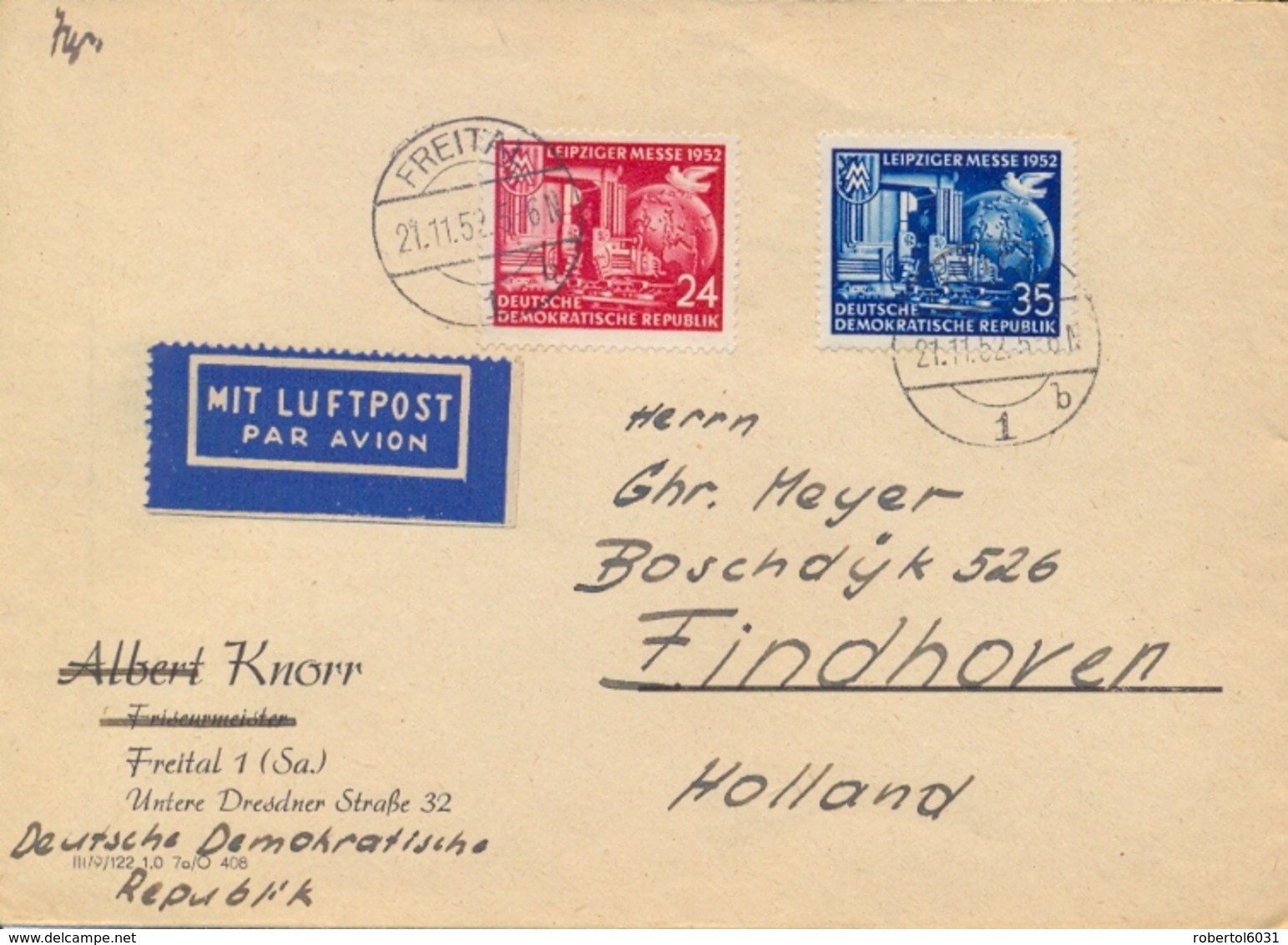 Germany DDR 1952 Airmail Cover To Netherlands With 24 Pf. + 35 Pf. Leipzig Autumn Fair - Factories & Industries