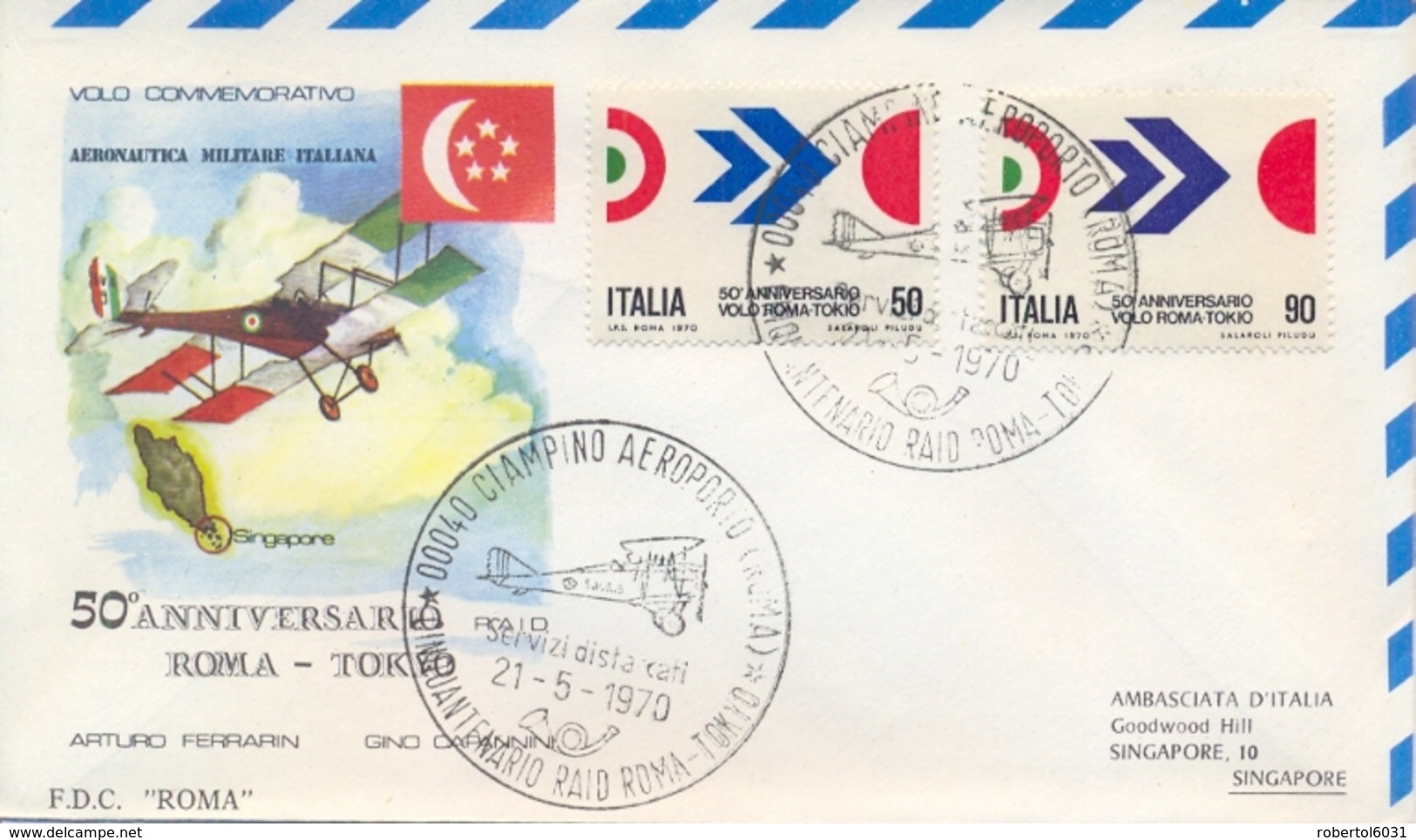 Italia Italy 1970 Busta Viaggiata Nel Volo Commemorativo Roma-Singapore Nel 50° Anniversario Del Volo Roma-Tokyo - Aerei