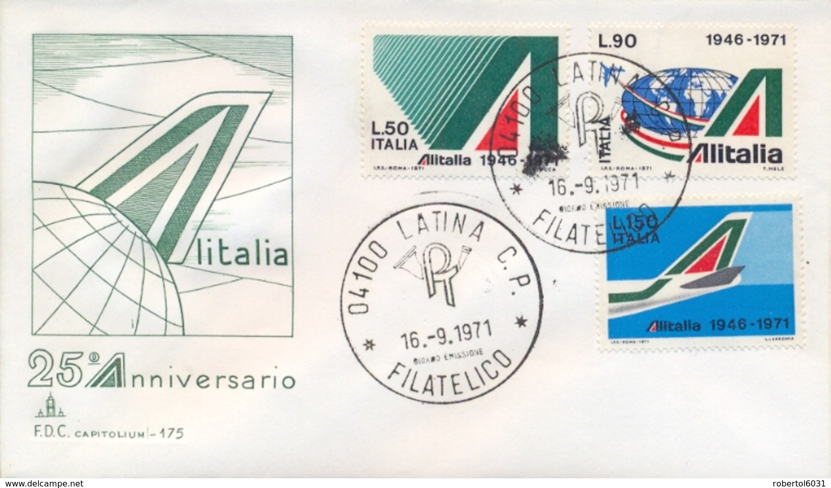 Italia Italy 1971 FDC CAPITOLIUM 25° Anniversario Della Compagnia Aerea ALITALIA 25th Anniversary ALITALIA Airline - Vliegtuigen