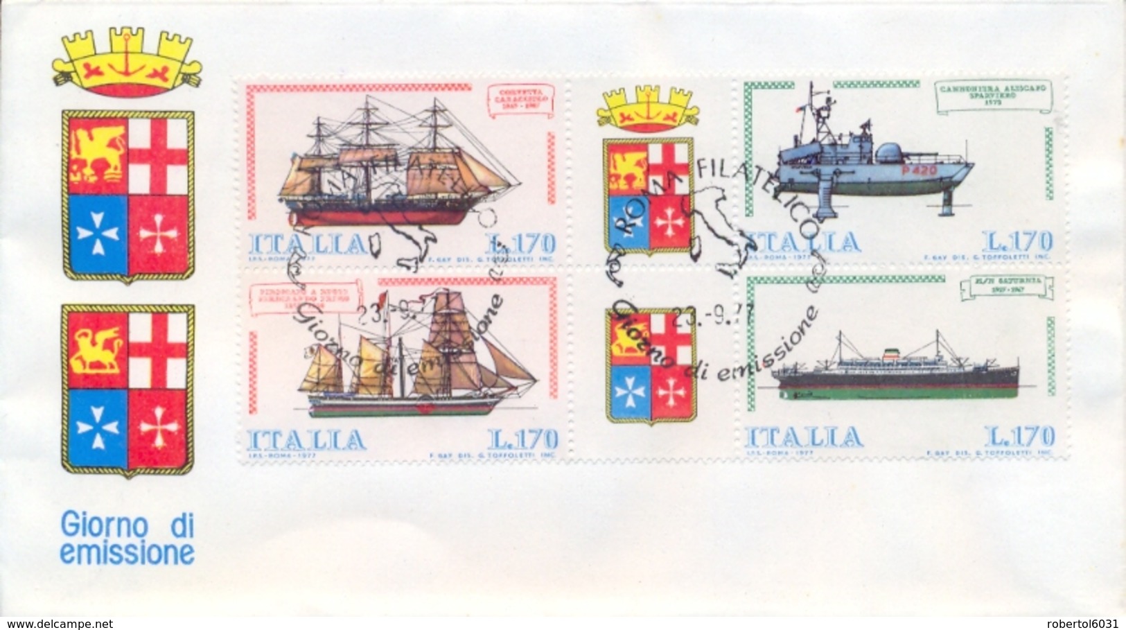 Italia Italy 1977 FDC POSTE ITALIANE Costruzioni Navali Blocco Di 4 Con Etichette Shipbuilding Block Of 4 With Labels - Maritime