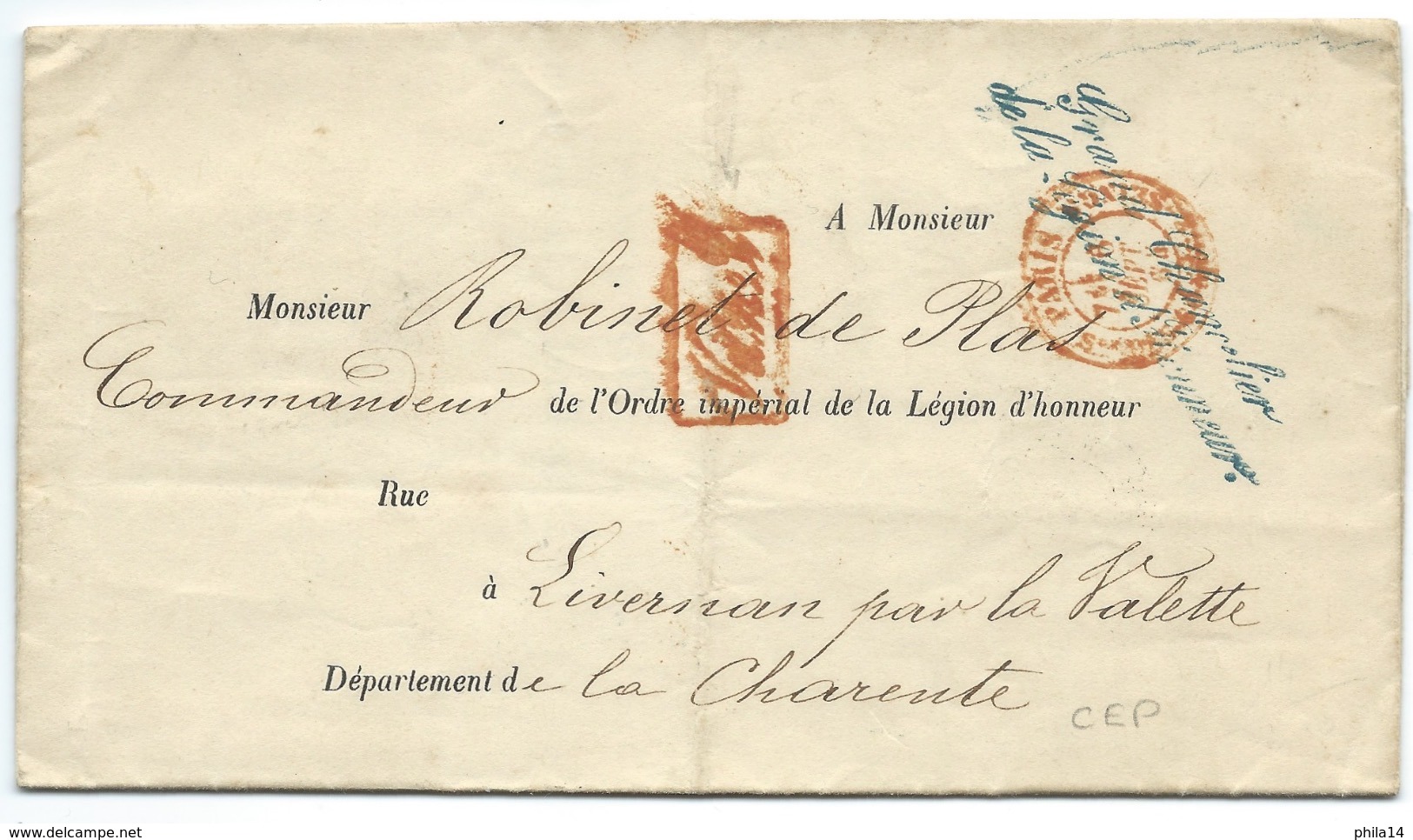 MARQUE POSTALE / PARIS POUR LIVERNAN PAR LA VALETTE  / 1864 / ROBINET DE PLAS / FRANCHISE GRAND CHEVALIER LEGION HONNEUR - 1849-1876: Période Classique