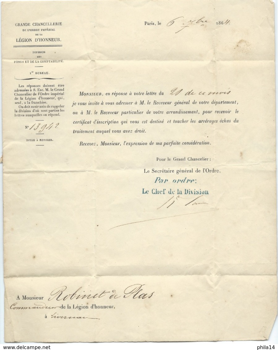 MARQUE POSTALE / PARIS POUR LIVERNAN PAR LA VALETTE  / 1864 / ROBINET DE PLAS / FRANCHISE GRAND CHEVALIER LEGION HONNEUR - 1849-1876: Période Classique