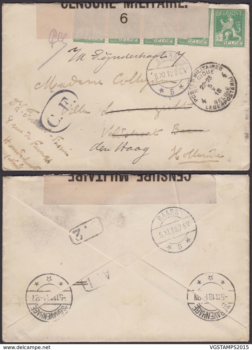 BELGIQUE COB 110 X5  SUR LETTRE " POSTES MILITAIRE 4 "05/10/1918 VERS PAYS BAS CENSURE (VGVP39) DC-4636 - Armada Belga