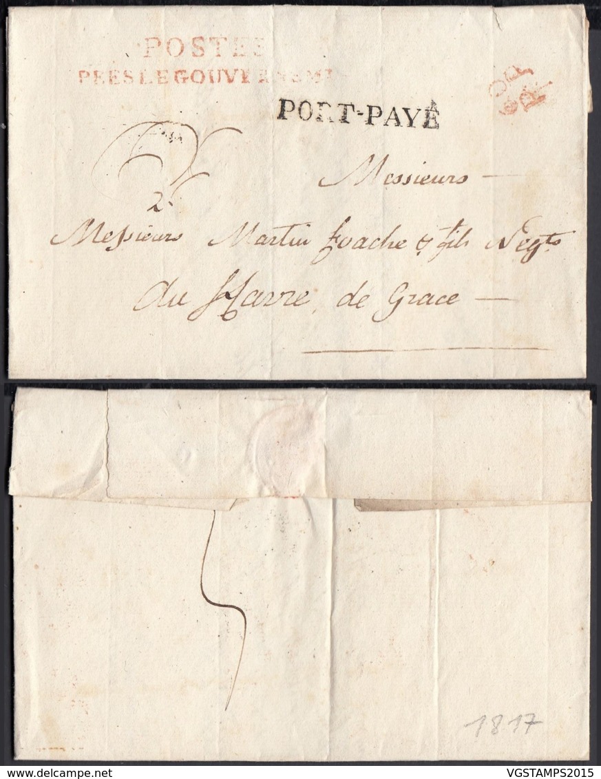 FRANCE LETTRE DE PARIS 1817 " 60 / P.P. " PORT-PAYE ET POSTEE PRES LE GOUVERNEMENT VERS HAVRE (VG) DC-4632 - 1801-1848: Precursors XIX