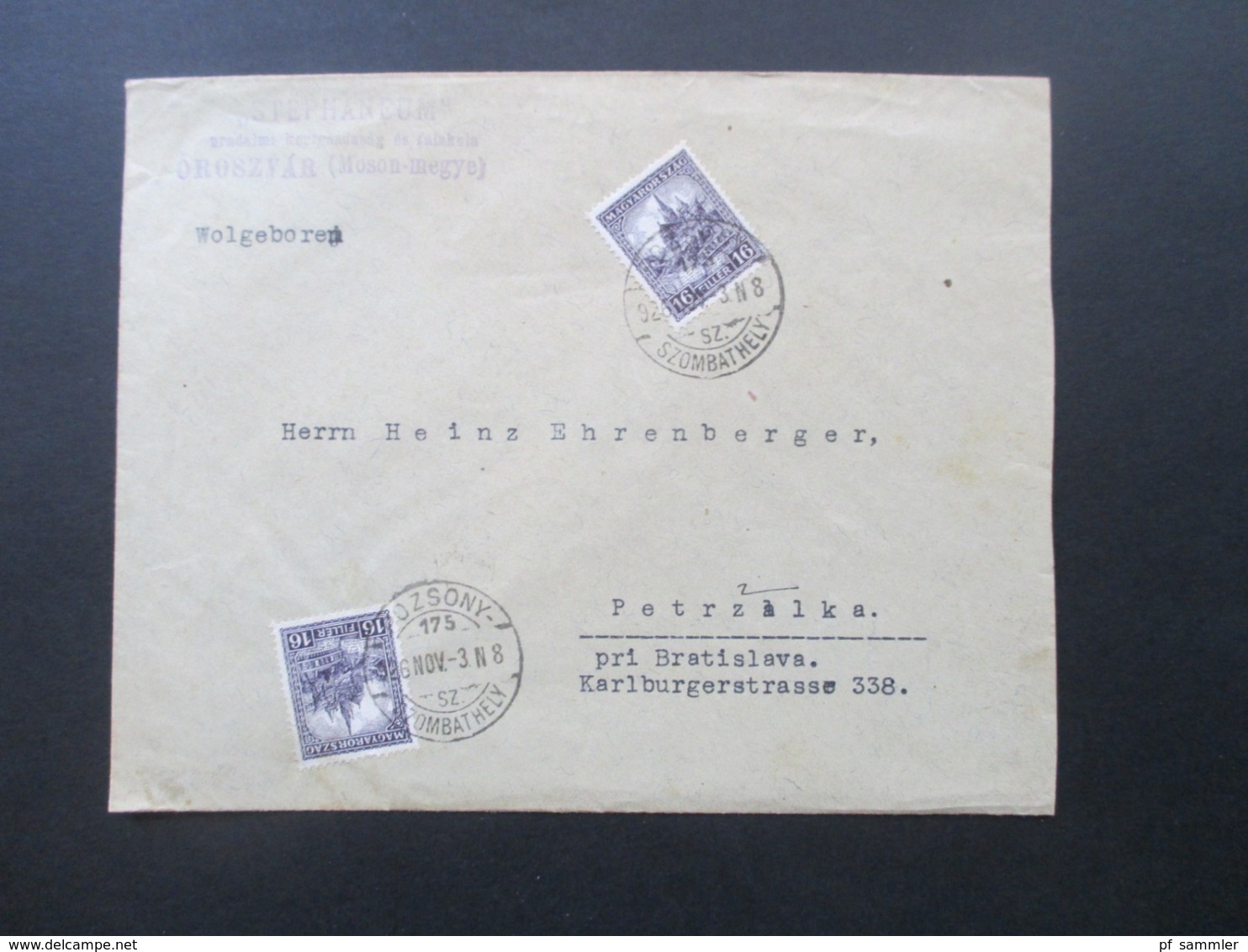 Ungarn 1926 Freimarken Fischerbastei Nr. 418 MeF Umschlag Des Stephaneum Nach Petrzalka Pei Bratislava - Brieven En Documenten