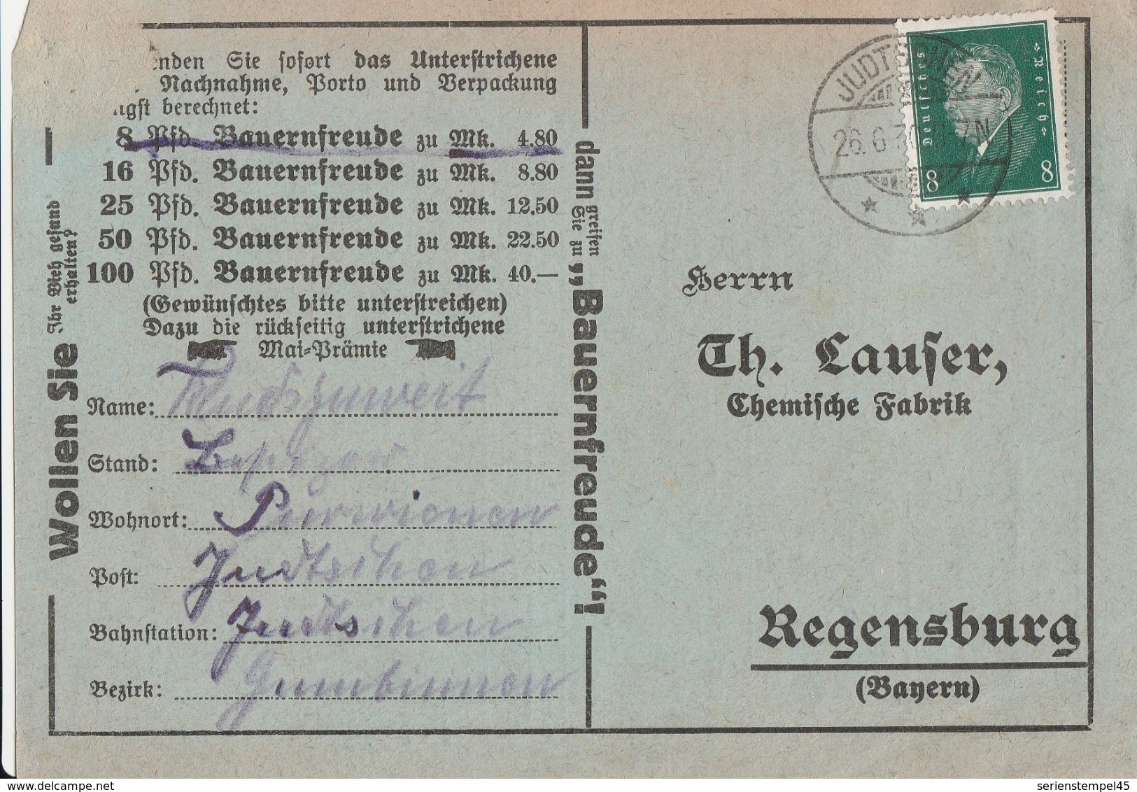 Ostpreussen Deutsches Reich Karte Mit Tagesstempel Judtschen *** 1930 Lk Gumbinnen RB Gumbinnen Werbung Schweine - Briefe U. Dokumente