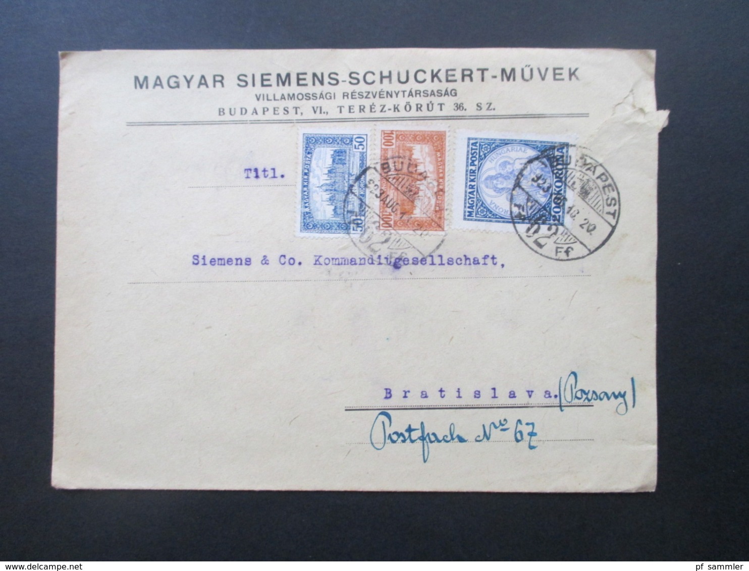 Ungarn 1923 Freimarken Parlamentsgebäude U. Patrona Hungariae Beleg Magyar Siemens - Schuckert Müvek Nach Bratislava - Covers & Documents