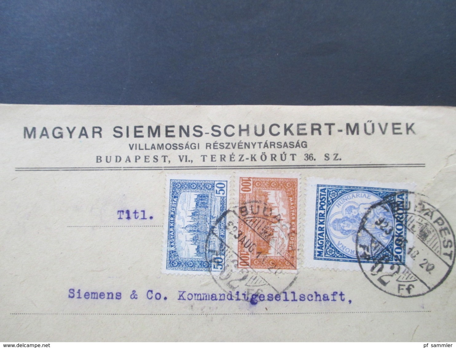 Ungarn 1923 Freimarken Parlamentsgebäude U. Patrona Hungariae Beleg Magyar Siemens - Schuckert Müvek Nach Bratislava - Storia Postale