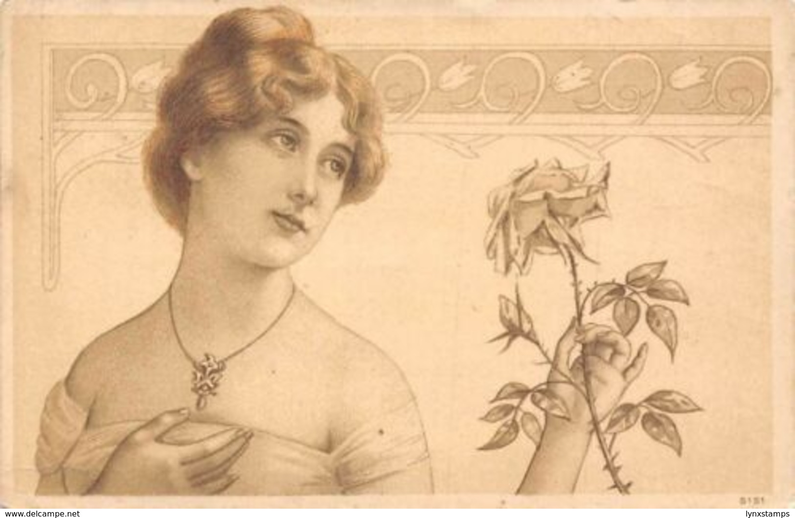 Beautiful Lady Woman Holding Rose, Illustration (Half Penny Stamp) Postcard 1908 - Souvenir De...