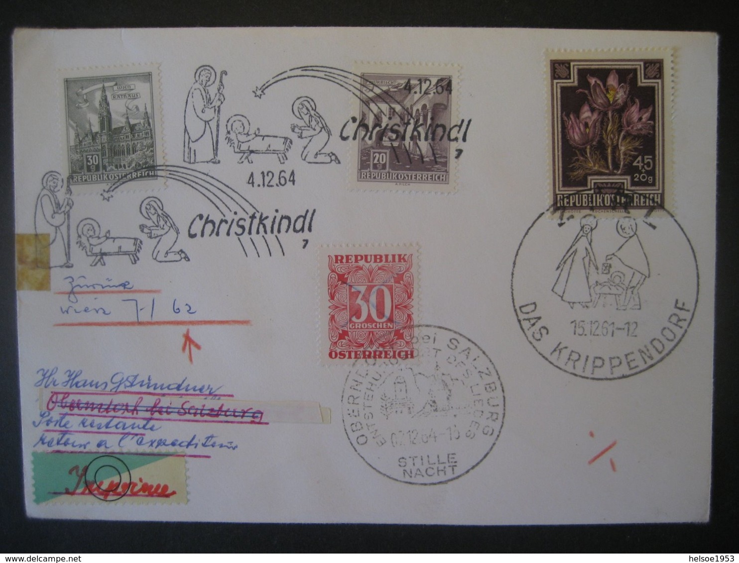 Österreich- Zirl 15.12.1961, Christkindl 4.12.64 Und Oberndorf 07.12.64, Rückseite Steyr-Unterhimmel 8.12.61 - Lettres & Documents