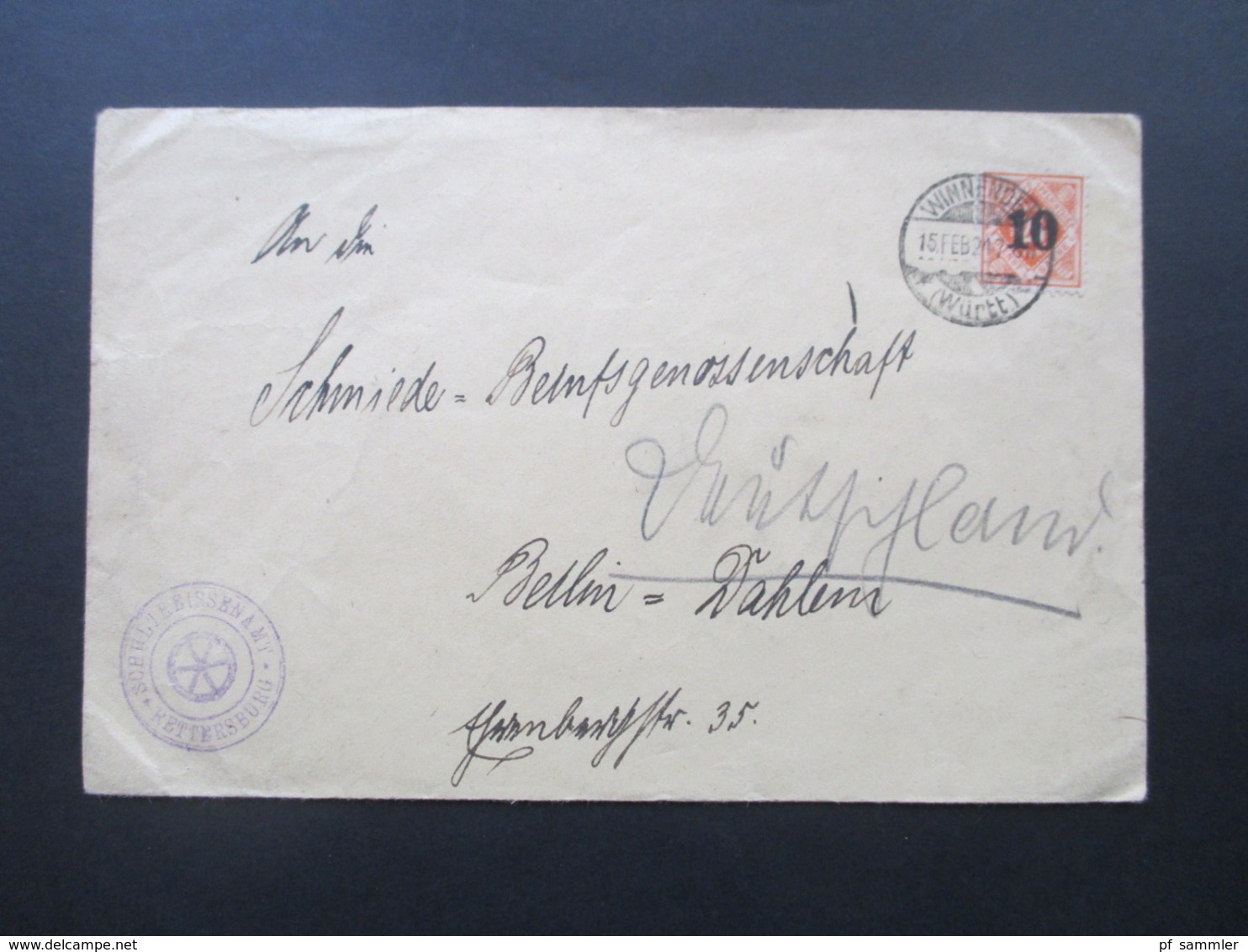 AD Württemberg 1924 Dienstmarke Nr. 186 EF Schultheissenamt Rettersburg Stempel Winnenden Nach Berlin Dahlem - Lettres & Documents