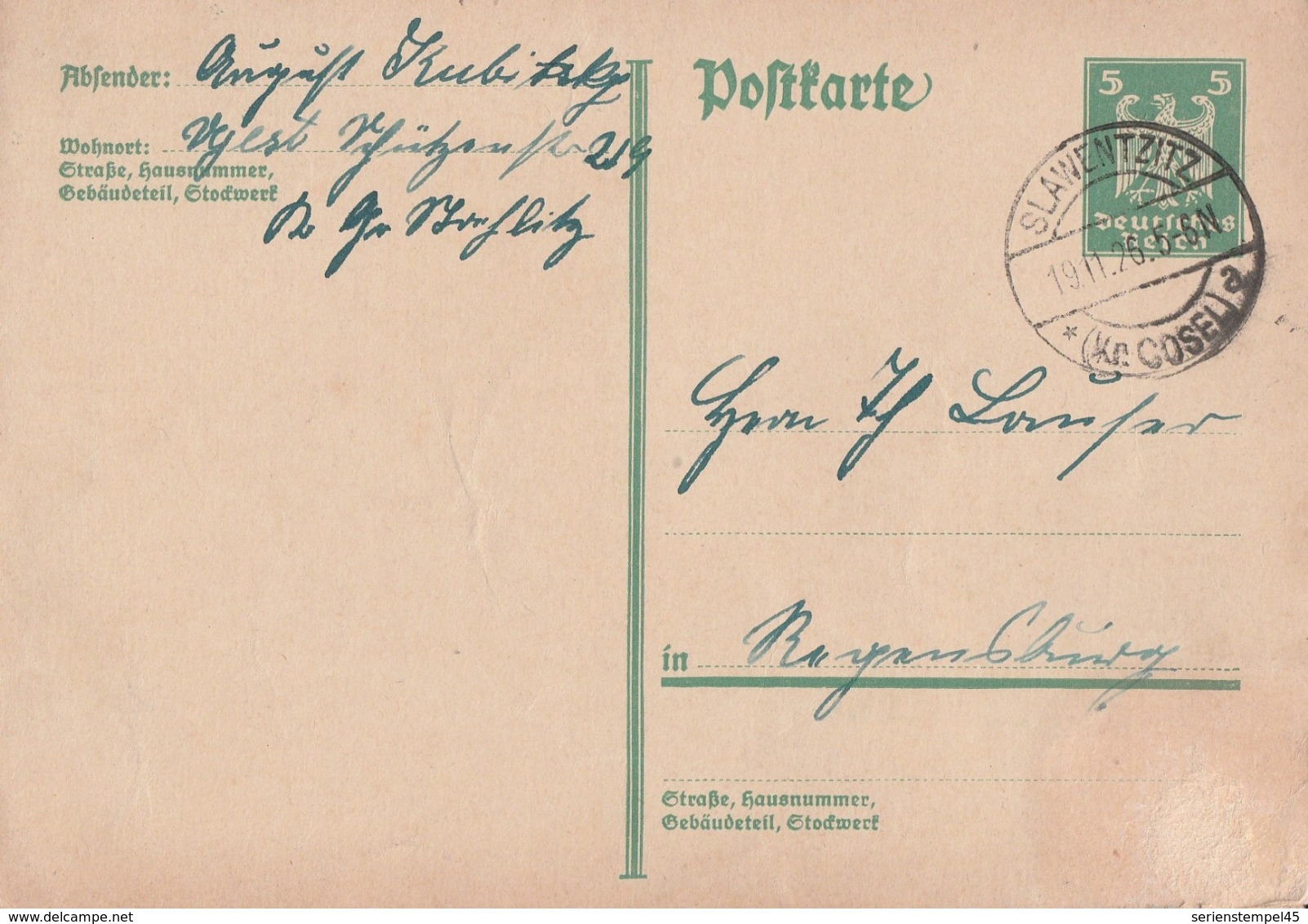 Schlesien Deutsches Reich Karte Mit Tagesstempel Slawentzitz * Kr Cosel A 1926 RB Oppeln - Briefe U. Dokumente