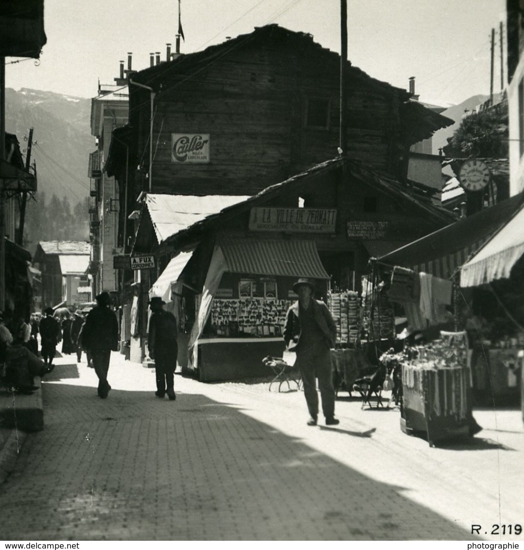 Suisse Zermatt Grand Rue Magasins Ancienne Photo Stereo 1900 - Stereoscopio